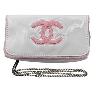 Chanel "Beaute" Cosmetic Pouch/Chain Clutch, White Baby Pink Plush, GWP
